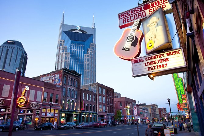 Neon honky tonk signs along Lower Broadway in downtown Nashville